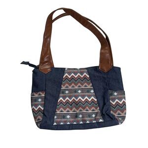 Southwestern Boho Shoulder Bag Blue Denim Brown Straps Aztec Rustic Cowgirl
